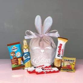   Rózsaszín színű, töltött húsvéti zsák, nyuszis mintával